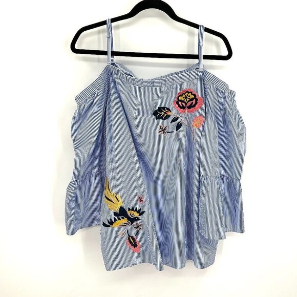 INC INTERNATIONAL CONCEPTS Blue White Stripe Bell Cold Shoulder Boxy Shirt XXL - Picture 3 of 8